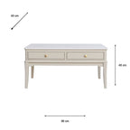 Monroe Coffee Table in Stone with two drawers and gold knobs, shown with dimension lines indicating 48 cm height, 48 cm width, and 96 cm depth on a white background.