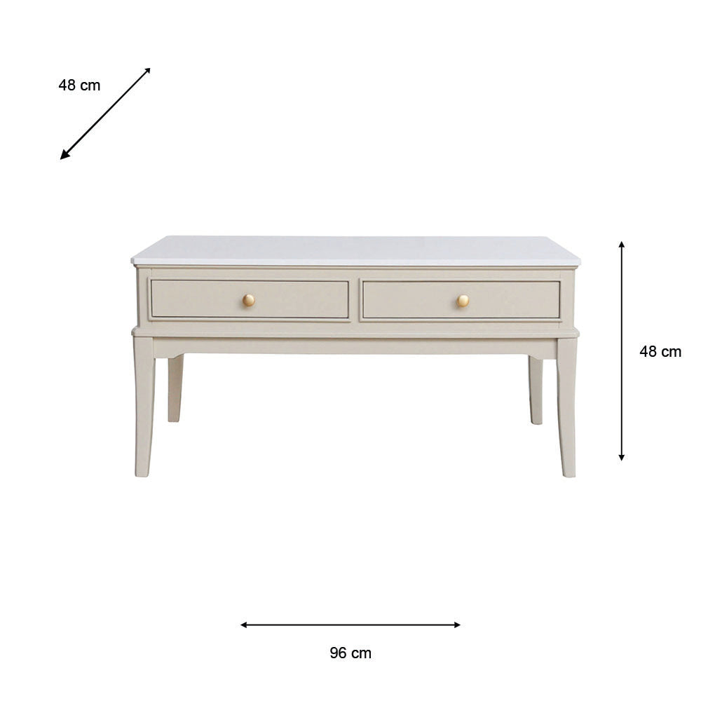 Monroe Coffee Table in Stone with two drawers and gold knobs, shown with dimension lines indicating 48 cm height, 48 cm width, and 96 cm depth on a white background.