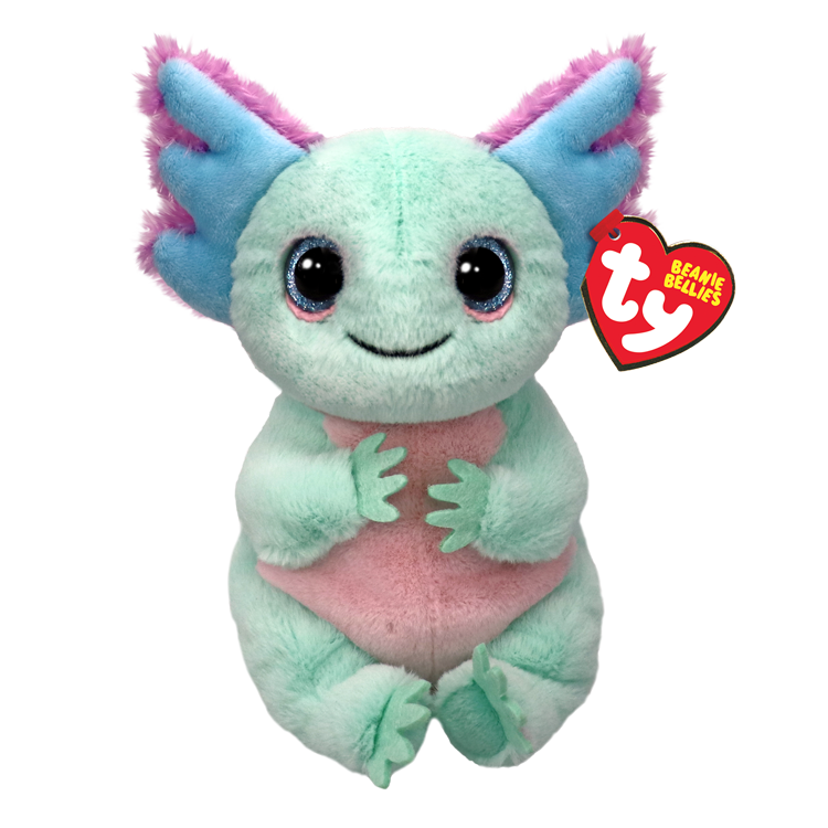 Plush toy with blue and pink accents on a white background, featuring a Ty Beanie Baby tag.