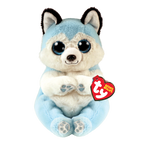 Plush toy resembling a wolf with a blue and white color scheme, featuring a Ty Beanie Baby tag.