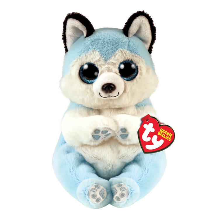 Plush toy resembling a wolf with a blue and white color scheme, featuring a Ty Beanie Baby tag.