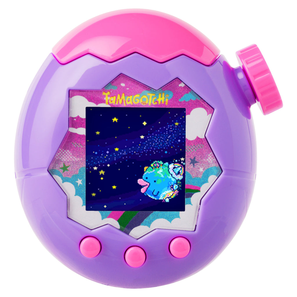 Purple and pink Tamagotchi toy with digital display on a white background