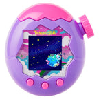 Purple and pink Tamagotchi toy with digital display on a white background