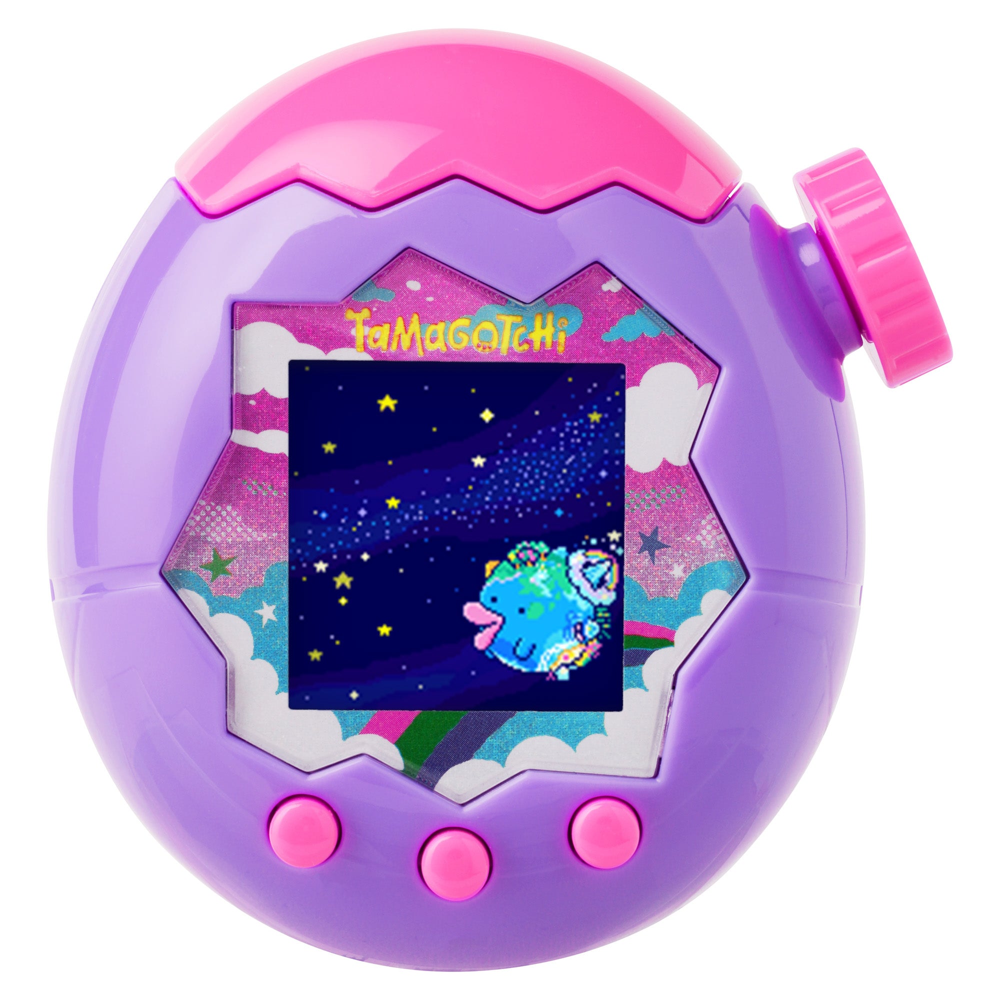 Purple and pink Tamagotchi toy with digital display on a white background