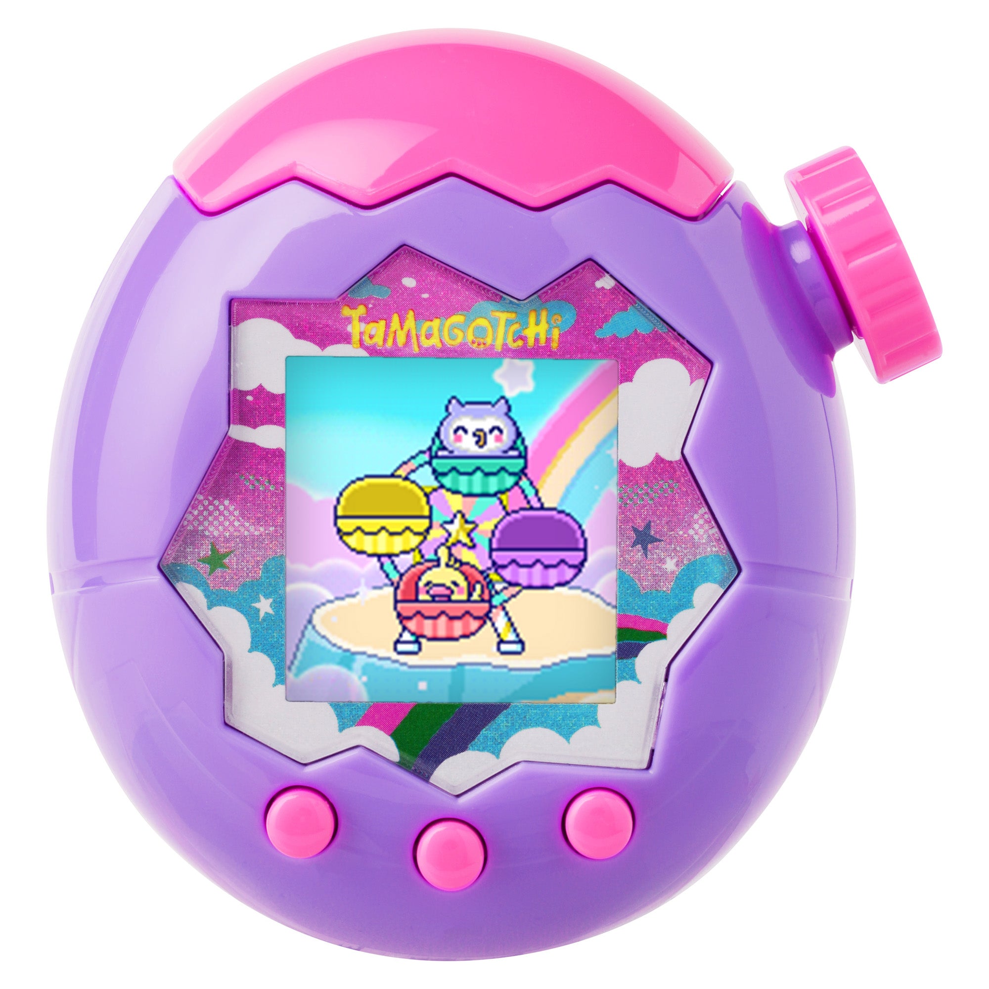 Purple and pink Tamagotchi-style toy with digital display on a white background