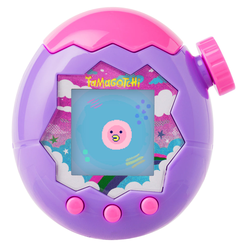 Purple and pink Tamagotchi toy with a small screen displaying a character on a white background