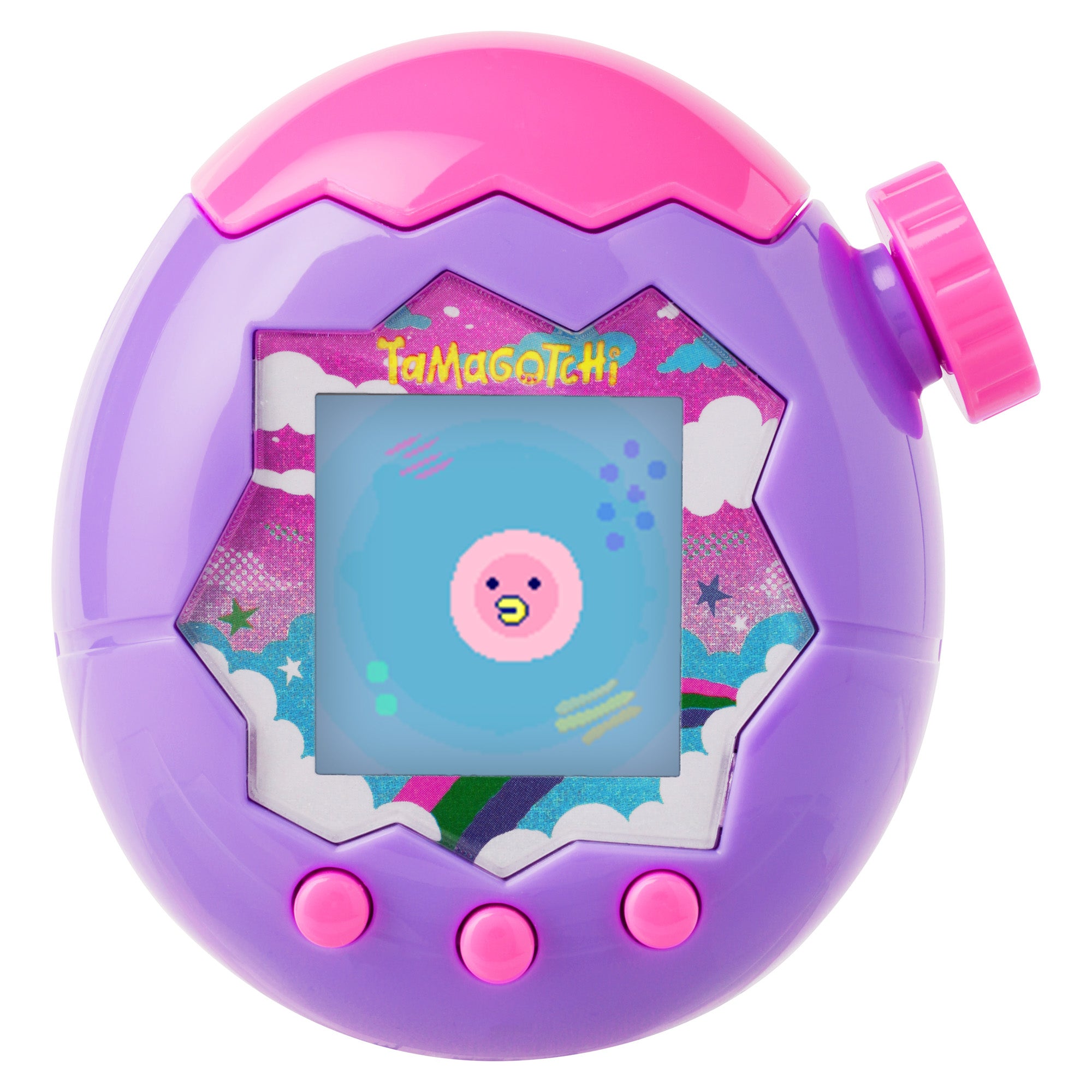 Purple and pink Tamagotchi toy with a small screen displaying a character on a white background