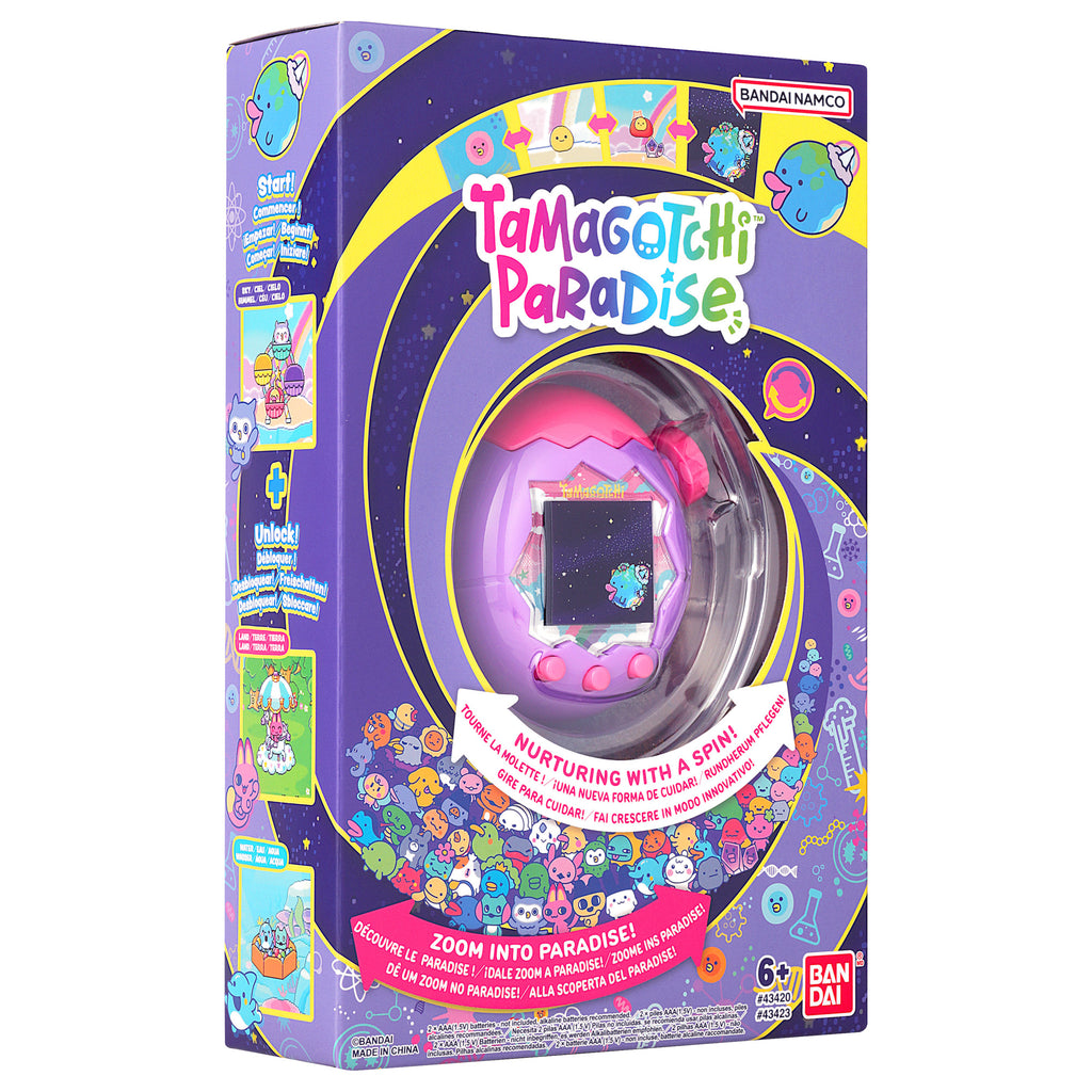 Tamagotchi Paradise packaging with a purple and pink toy on a white background