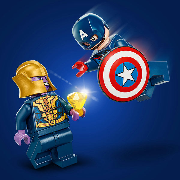 Two LEGO figures, one resembling Captain America and the other a character with a gold helmet, on a blue background.