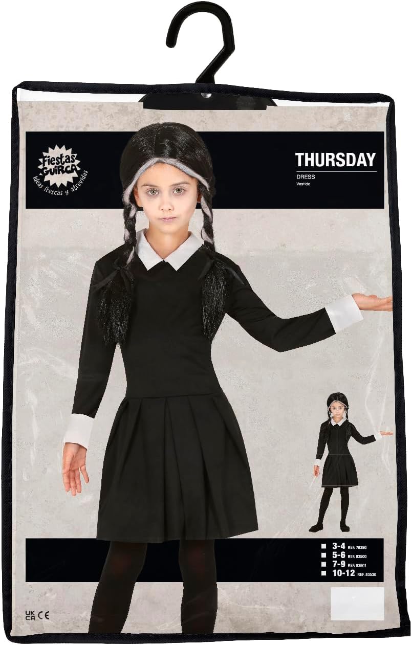 Child's costume package for 'Wednesday Addams' with a black dress and headband on a hanger.