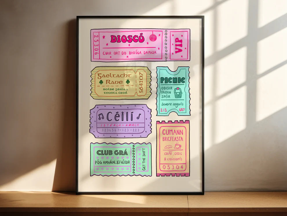 Tickets Please Irish print with illustrated Gaeltacht tickets. Céilí, dioscó, Cumann Bricfeasta. Gaeilge nostalgia wall art.
