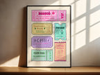Tickets Please Irish print with illustrated Gaeltacht tickets. Céilí, dioscó, Cumann Bricfeasta. Gaeilge nostalgia wall art.