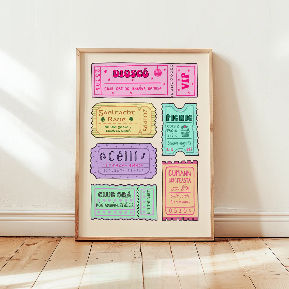 Tickets Please Irish print with illustrated Gaeltacht tickets. Céilí, dioscó, Cumann Bricfeasta. Gaeilge nostalgia wall art.