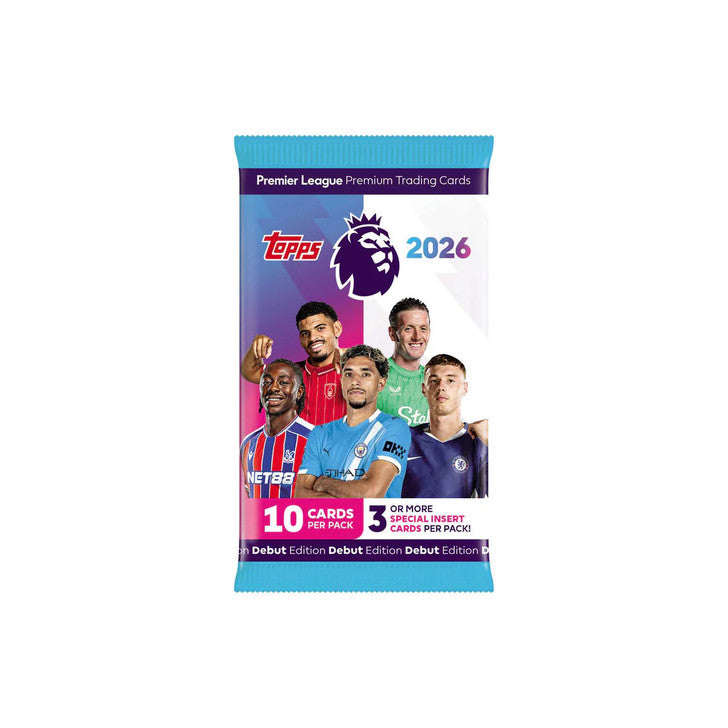 Topps Premier League 2026 trading card pack with player images on a white background
