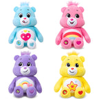 Four colorful teddy bears with different designs on a white background