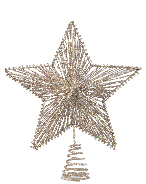 Decorative star-shaped Christmas tree topper with a white background