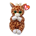 Plush giraffe toy with a visible Ty Beanie Babies tag on a white background