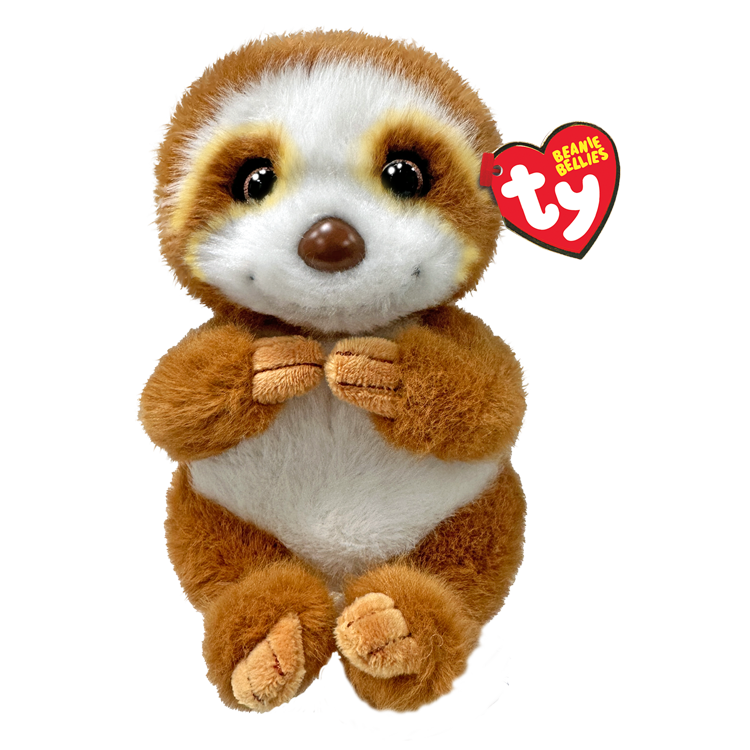 Plush sloth toy with a Ty brand tag on a white background
