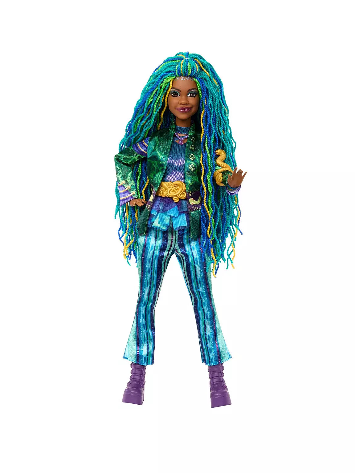 Doll with colorful hair and outfit on a white background