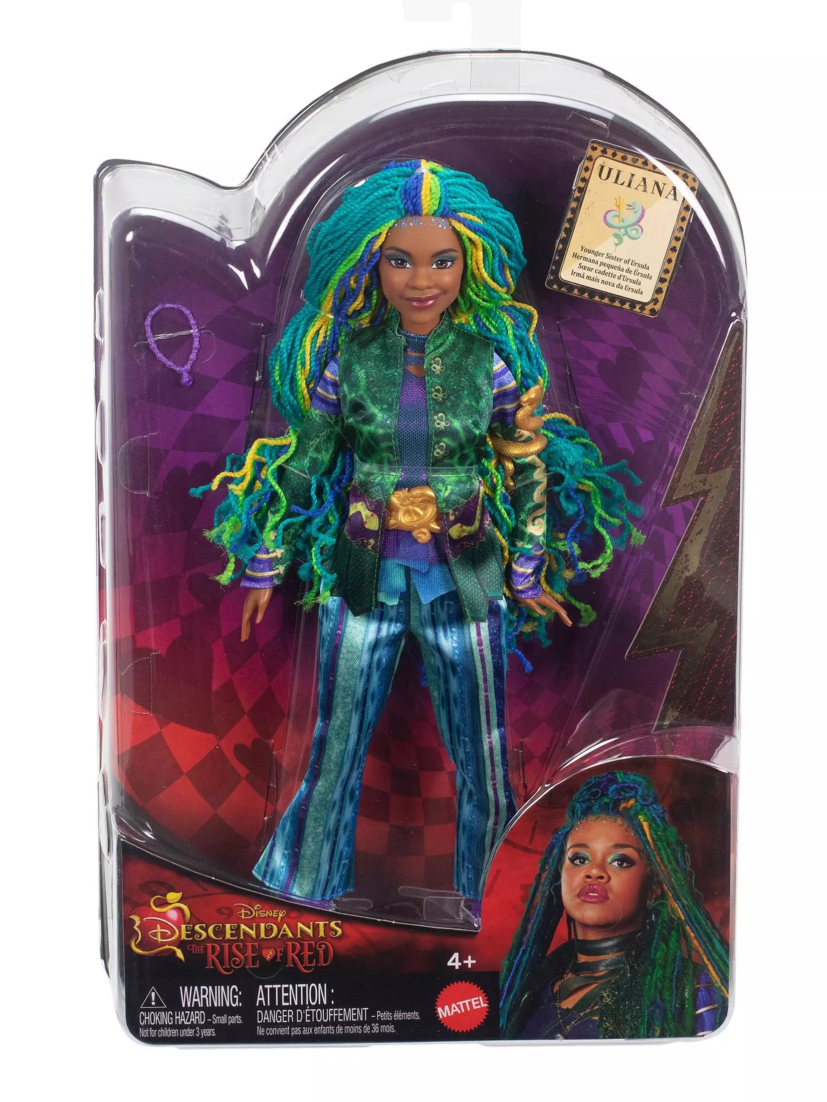 Toy doll with colorful hair in packaging, featuring Disney Descendants branding.