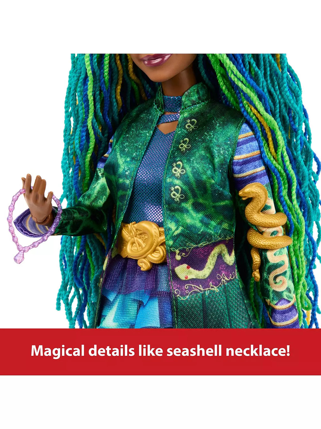 Doll with green and blue hair, colorful outfit, and seashell necklace on a white background.