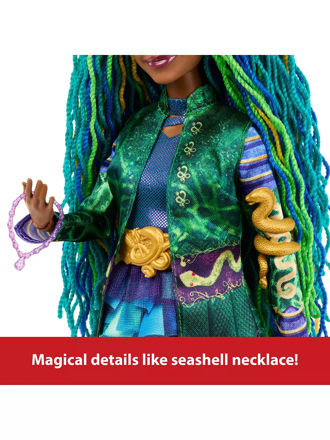 Doll with green and blue hair, colorful outfit, and seashell necklace on a white background.