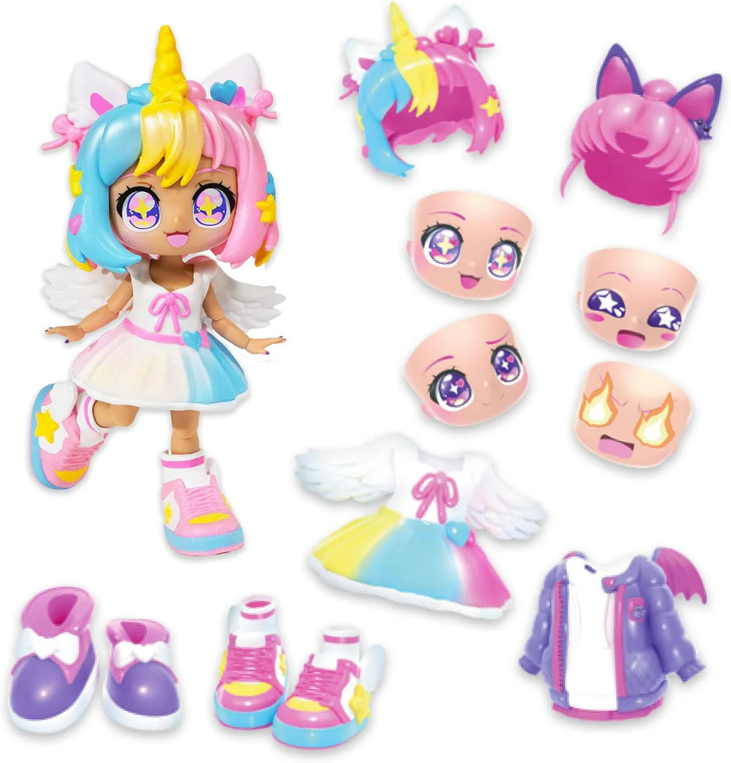 Colorful toy doll with interchangeable parts and accessories on a white background
