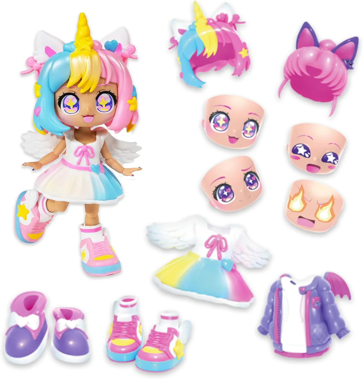 Colorful toy doll with interchangeable parts and accessories on a white background