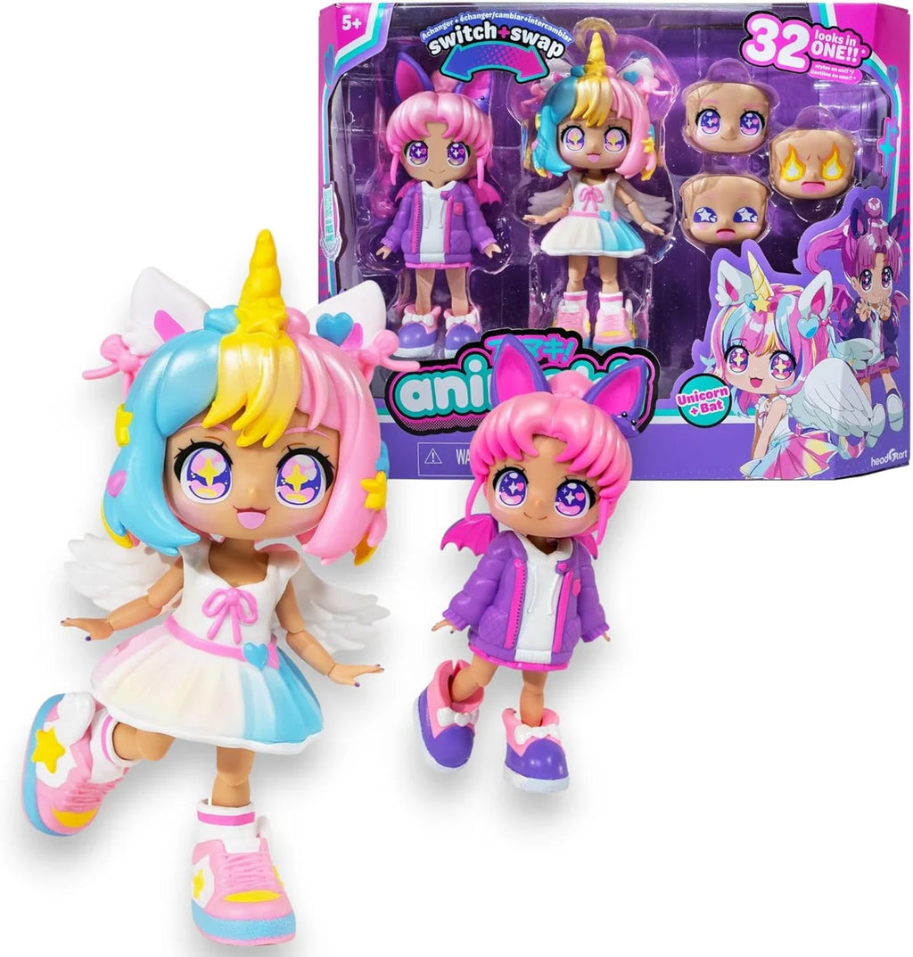 Two colorful dolls with switchable outfits in front of their packaging on a white background