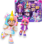Two colorful dolls with switchable outfits in front of their packaging on a white background