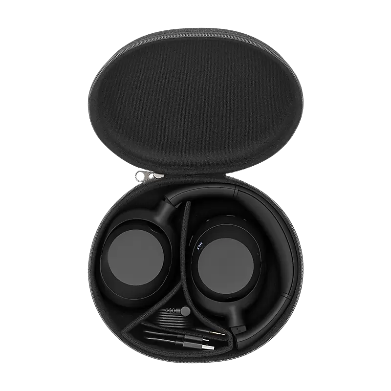Black headphones in an open case on a white background