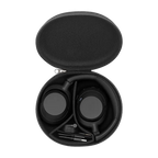 Black headphones in an open case on a white background