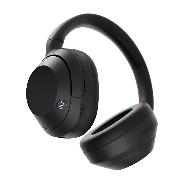 Black over-ear headphones on a white background - titled view 