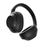 Black over-ear headphones on a white background - titled view 