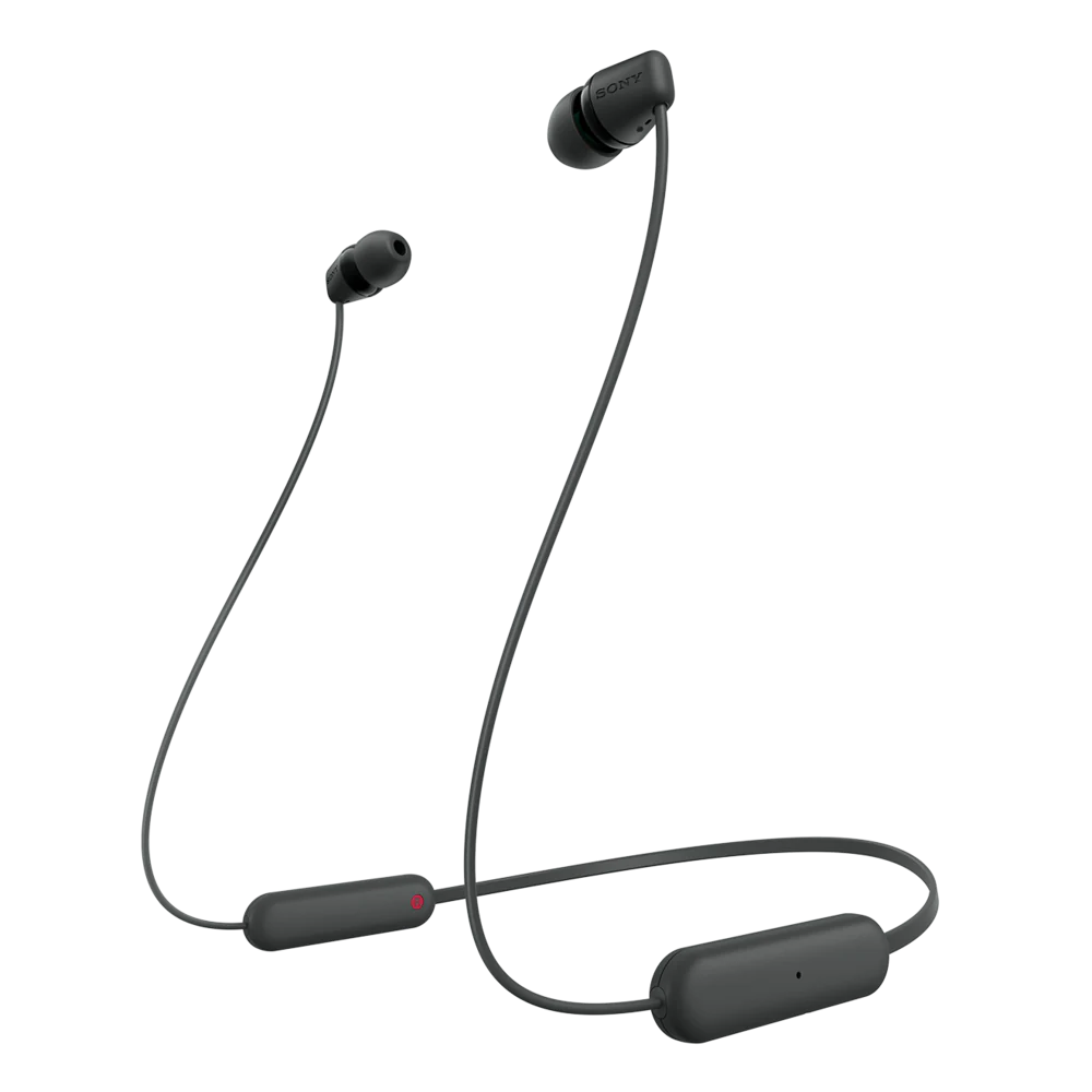 Black wireless earbuds with a cable on a white background