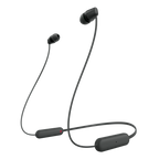 Black wireless earbuds with a cable on a white background