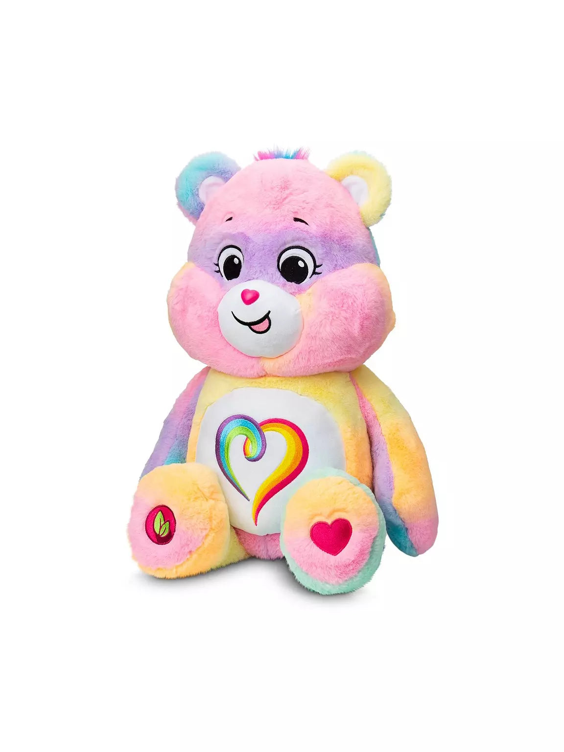 Multicolored teddy bear with heart designs on a white background