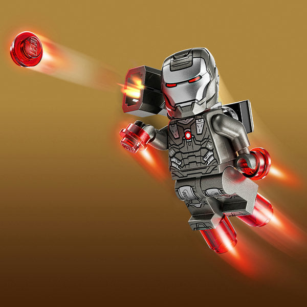 LEGO Marvel 76320 Iron Man & War Machine minifigures with two Hammer drones in battle configuration