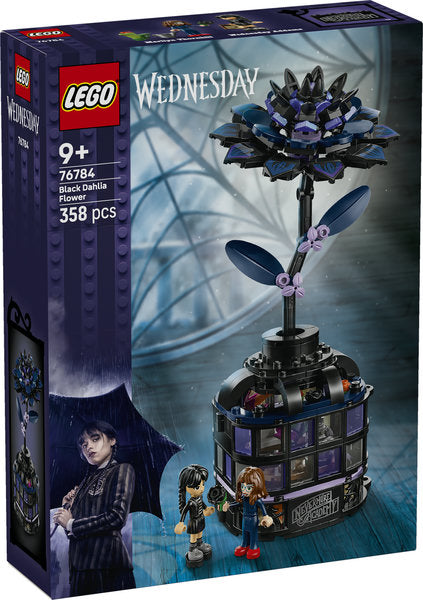 LEGO Wednesday Black Dahlia Flower set 76784 with black dahlia bloom and vase revealing hidden conservatory classroom, Wednesday Addams and Professor Thornhill minidolls