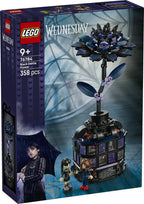 LEGO Wednesday Black Dahlia Flower set 76784 with black dahlia bloom and vase revealing hidden conservatory classroom, Wednesday Addams and Professor Thornhill minidolls