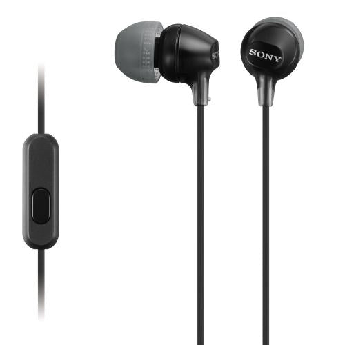 Black Sony earphones with in-line control on a white background