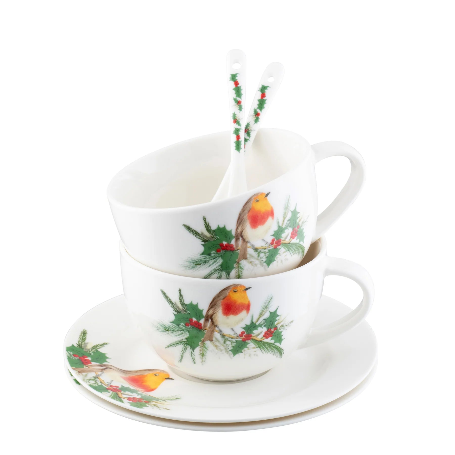 Teacup and saucer set with Christmas-themed design on a white background
