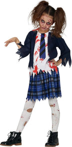Person wearing a zombie schoolgirl costume with a blue and white outfit.