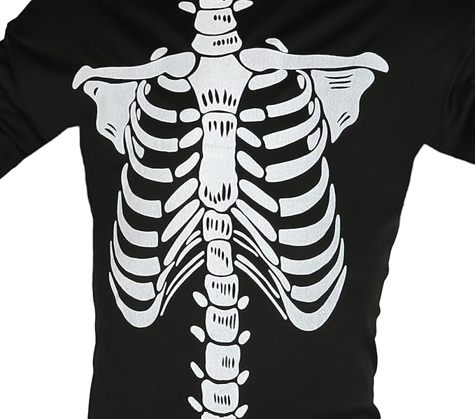 Black t-shirt with a white skeleton design on a plain background