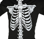 Black t-shirt with a white skeleton design on a plain background