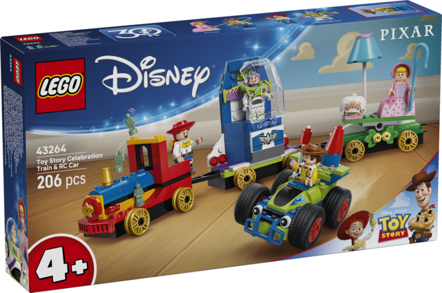 Lego Disney Toy Story Celebration Train & RC Car set 43264, featuring a red and blue train, a green and blue RC car, Buzz Lightyear, Jessie, and other characters on a wooden box with a blue background.