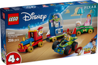 Lego Disney Toy Story Celebration Train & RC Car set 43264, featuring a red and blue train, a green and blue RC car, Buzz Lightyear, Jessie, and other characters on a wooden box with a blue background.