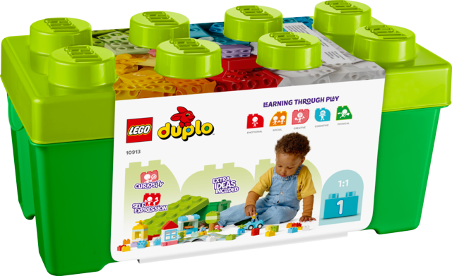 LEGO Duplo Learning Through Play 10913 building toy storage box in green and lime green, featuring a white front label with product information and a child playing with blocks.