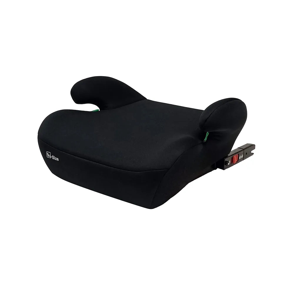 Asalvo CoreFix Booster Seat in Black  adjustable child car seat with a headrest and side release mechanism, shown on a plain white background.