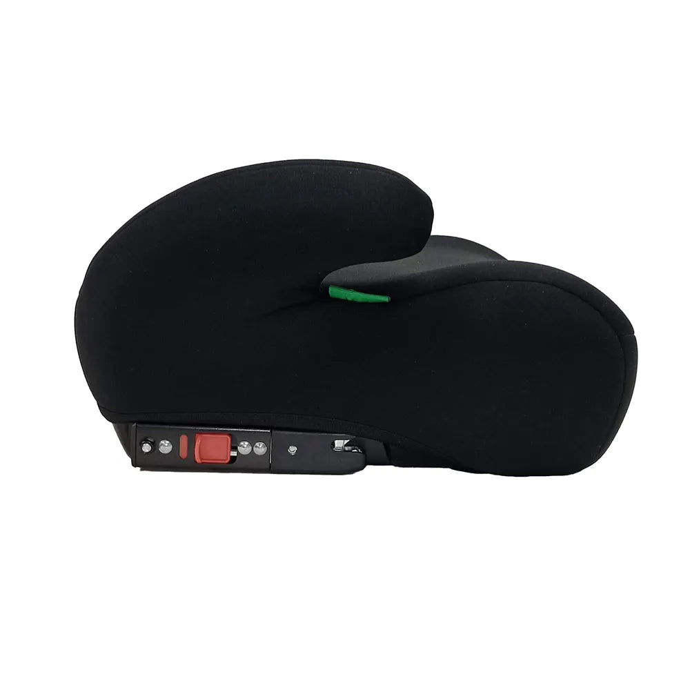 Asalvo CoreFix Booster Seat in Black infant car seat with an adjustable headrest and side controls, shown from a side profile view on a white background.